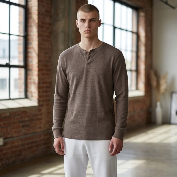 Faded Glory Other - Faded Glory Henley Shirt Mens XL Brown Waffle Knit Thermal Long Sleeve Layering